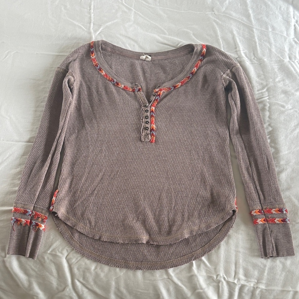 We The Free Taupe Long Sleeve with Red Details